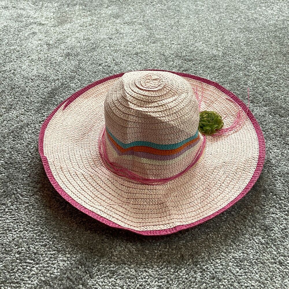 Unbranded Sun Hat Womens One Size Pink Paper Straw Green Floral Brooch Wide Brim
